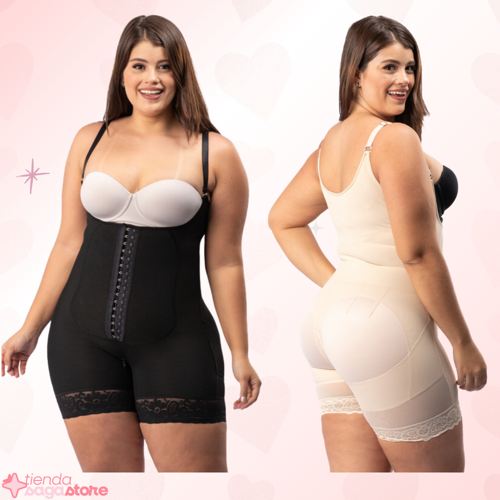 Faja moldeadora de alta compresión color beige y negro, con tecnología Powernet y Lycra Nylon, ideal para reducir tallas y postoperatorio.