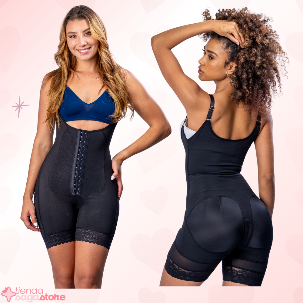 Faja moldeadora de alta compresión color negro, con tecnología Powernet y Lycra Nylon, ideal para reducir tallas y postoperatorio.