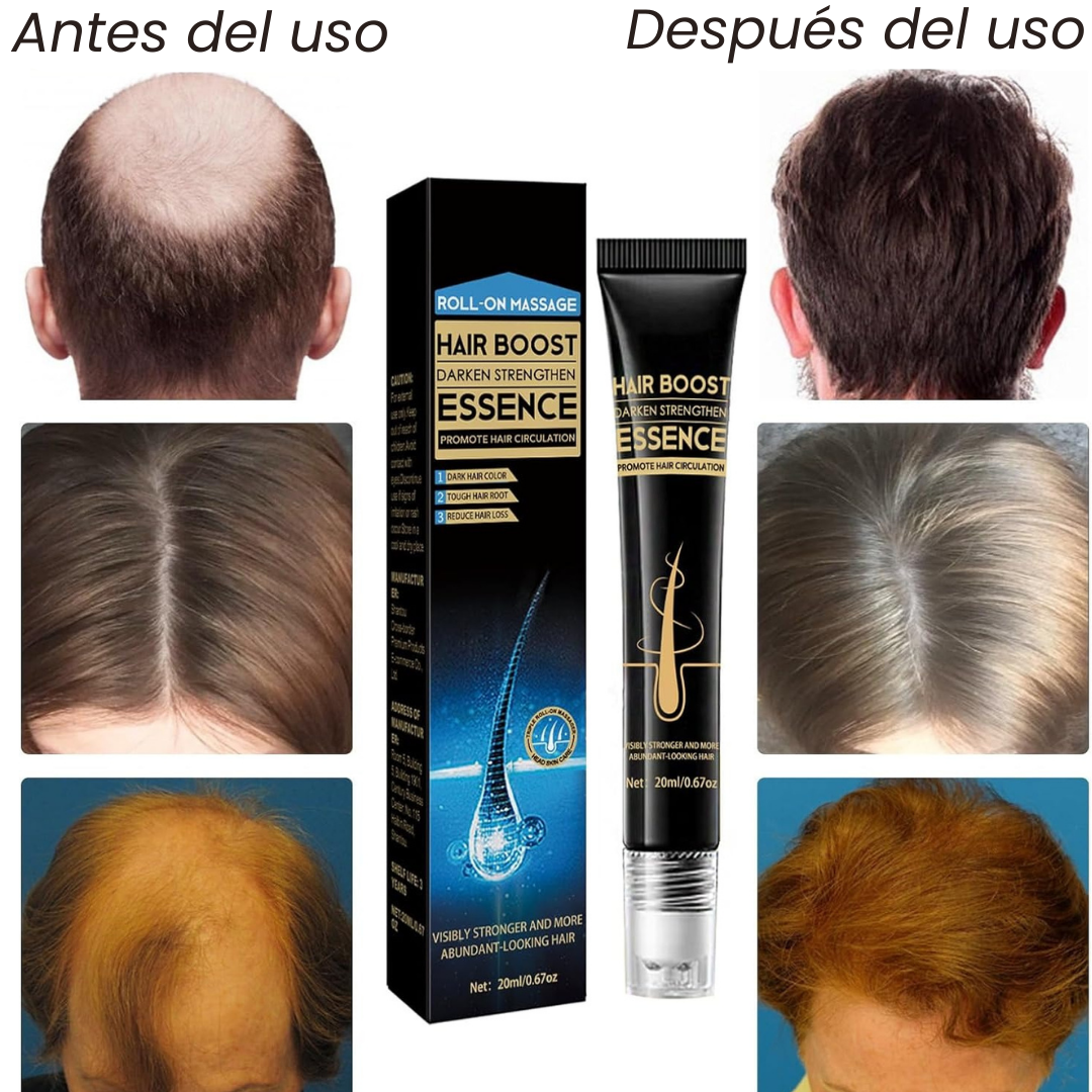 Resultados visibles de cabellos más densos y brillantes después del uso del Hair Boost Essence - Activador de Crecimiento Capilar. Ingredientes naturales del Hair Boost Darken Strengthen Essence: aceite de semilla de uva y extracto de jengibre.