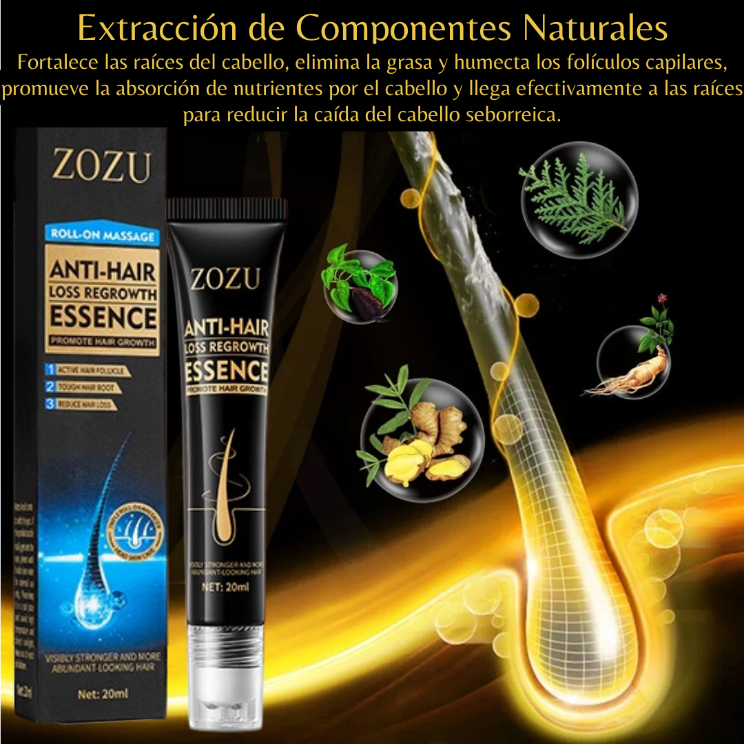 Resultados visibles de cabellos más densos y brillantes después del uso del Hair Boost Essence - Activador de Crecimiento Capilar. Ingredientes naturales del Hair Boost Darken Strengthen Essence: aceite de semilla de uva y extracto de jengibre.