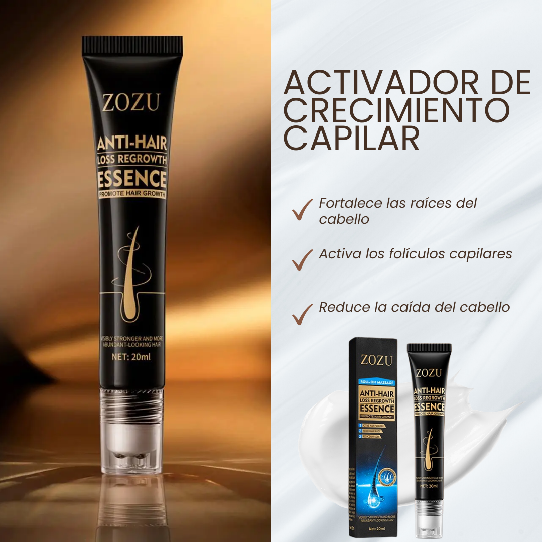 Resultados visibles de cabellos más densos y brillantes después del uso del Hair Boost Essence - Activador de Crecimiento Capilar. Ingredientes naturales del Hair Boost Darken Strengthen Essence: aceite de semilla de uva y extracto de jengibre.