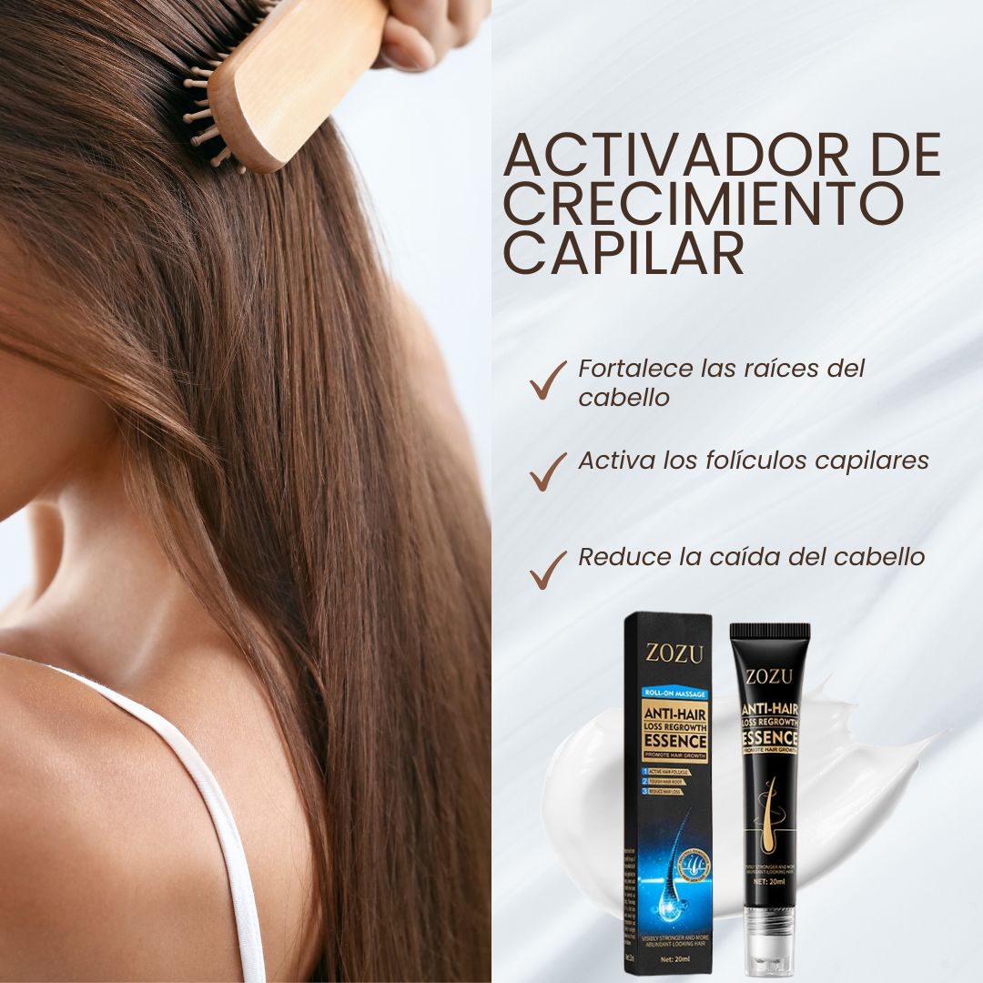 Resultados visibles de cabellos más densos y brillantes después del uso del Hair Boost Essence - Activador de Crecimiento Capilar. Ingredientes naturales del Hair Boost Darken Strengthen Essence: aceite de semilla de uva y extracto de jengibre.