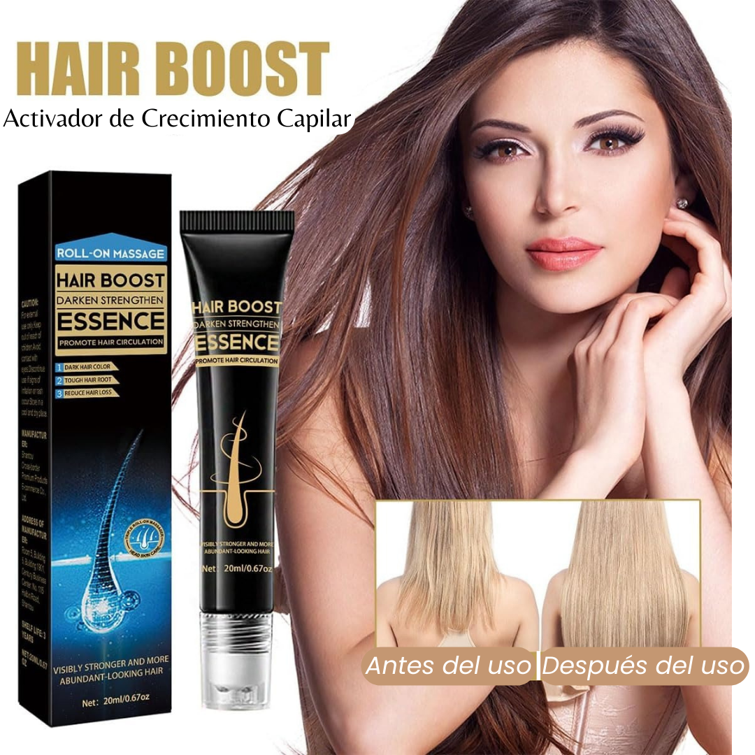 Resultados visibles de cabellos más densos y brillantes después del uso del Hair Boost Essence - Activador de Crecimiento Capilar. Ingredientes naturales del Hair Boost Darken Strengthen Essence: aceite de semilla de uva y extracto de jengibre