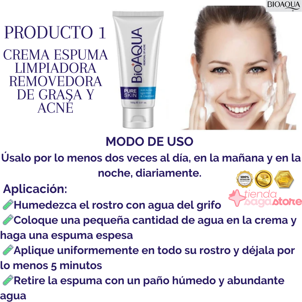 Imagen de una mujer sonriendo con piel clara después de usar el KIT ANTI ACNE BIOAQUA. Incluye Crema Espuma Limpiadora, Sérum Hidratante, Crema Anti Acne y Mascarilla Suavizante para tratamiento eficaz del acné.