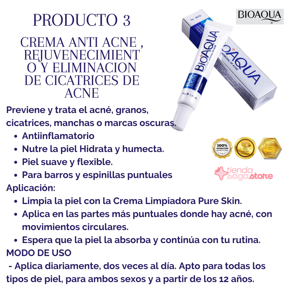 Imagen de una mujer sonriendo con piel clara después de usar el KIT ANTI ACNE BIOAQUA. Incluye Crema Espuma Limpiadora, Sérum Hidratante, Crema Anti Acne y Mascarilla Suavizante para tratamiento eficaz del acné.