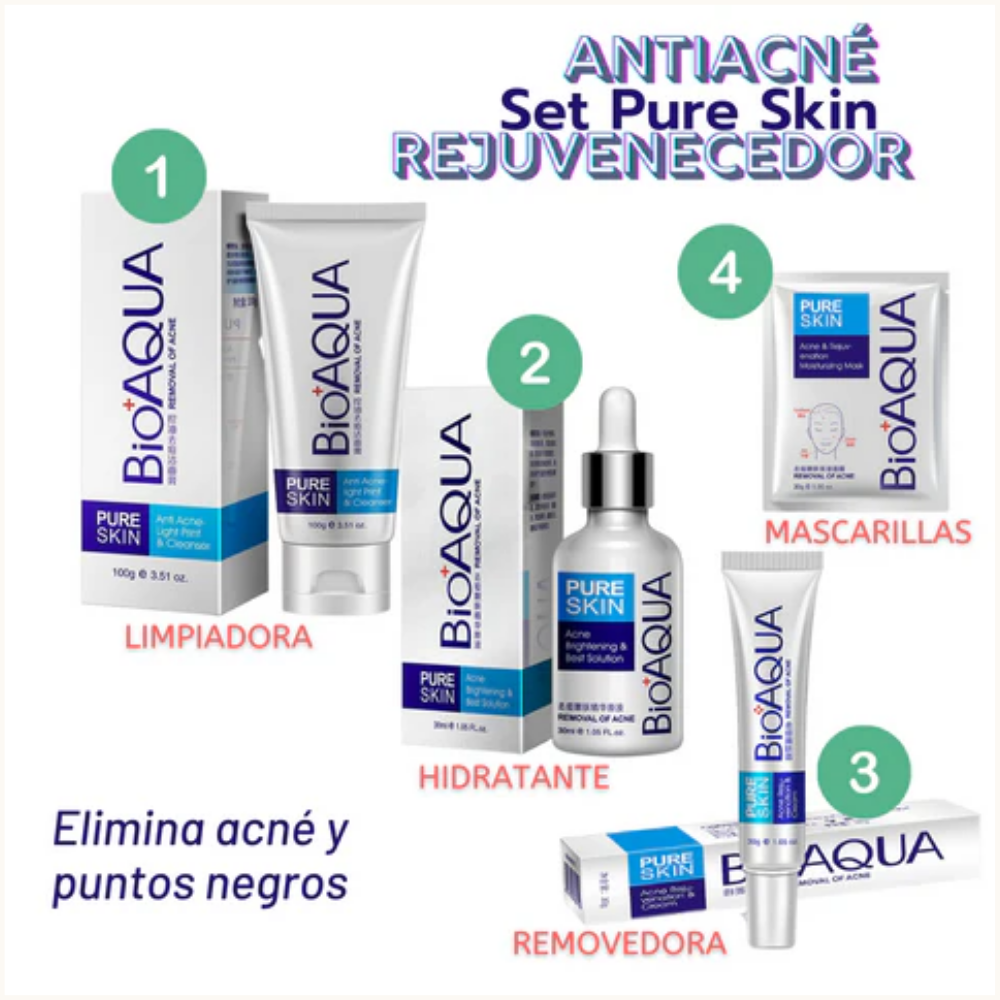 Imagen de una mujer sonriendo con piel clara después de usar el KIT ANTI ACNE BIOAQUA. Incluye Crema Espuma Limpiadora, Sérum Hidratante, Crema Anti Acne y Mascarilla Suavizante para tratamiento eficaz del acné.