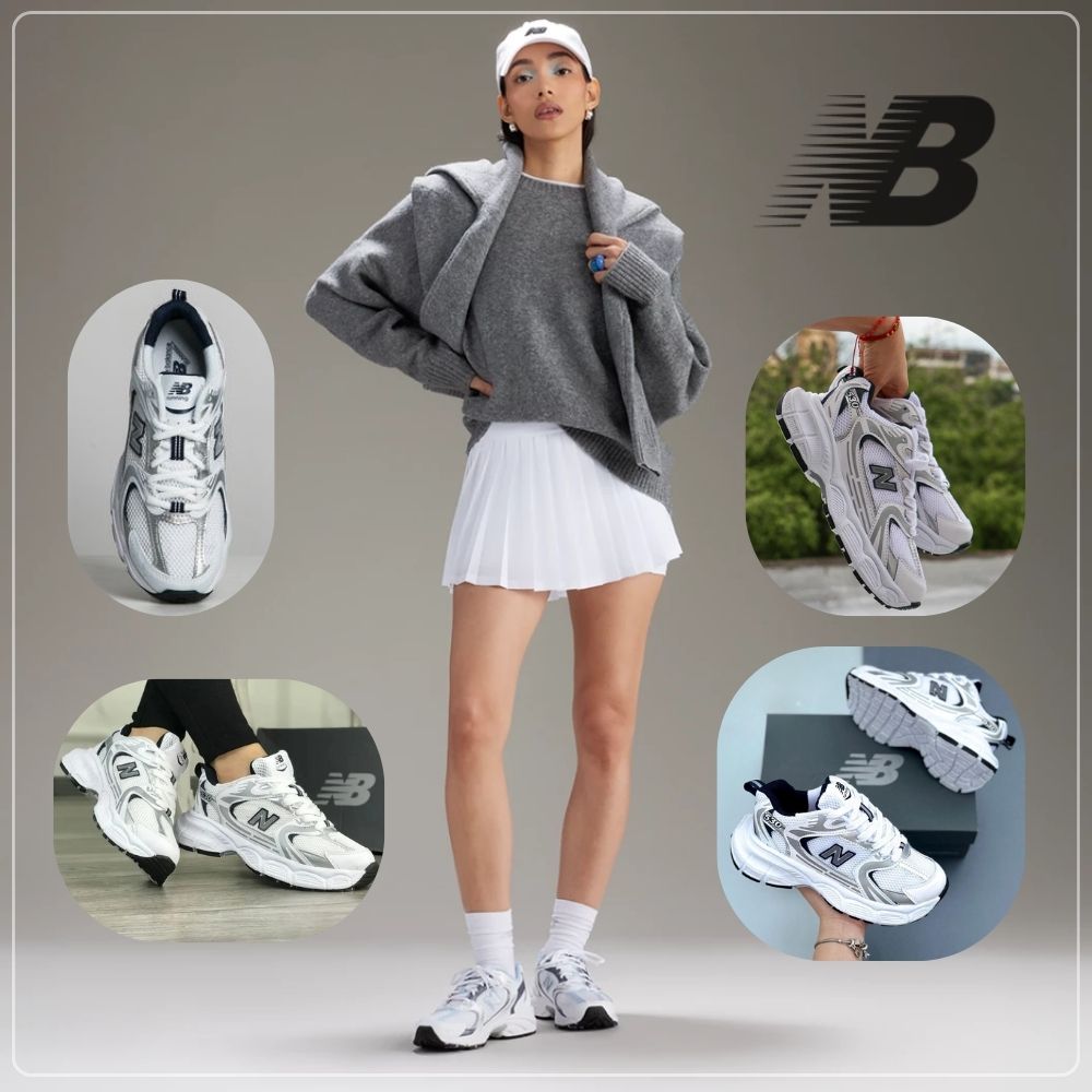Tenis NB530 en color blanco y negro con diseño moderno y suela premium. Combinados con un outfit casual, mostrando su versatilidad.