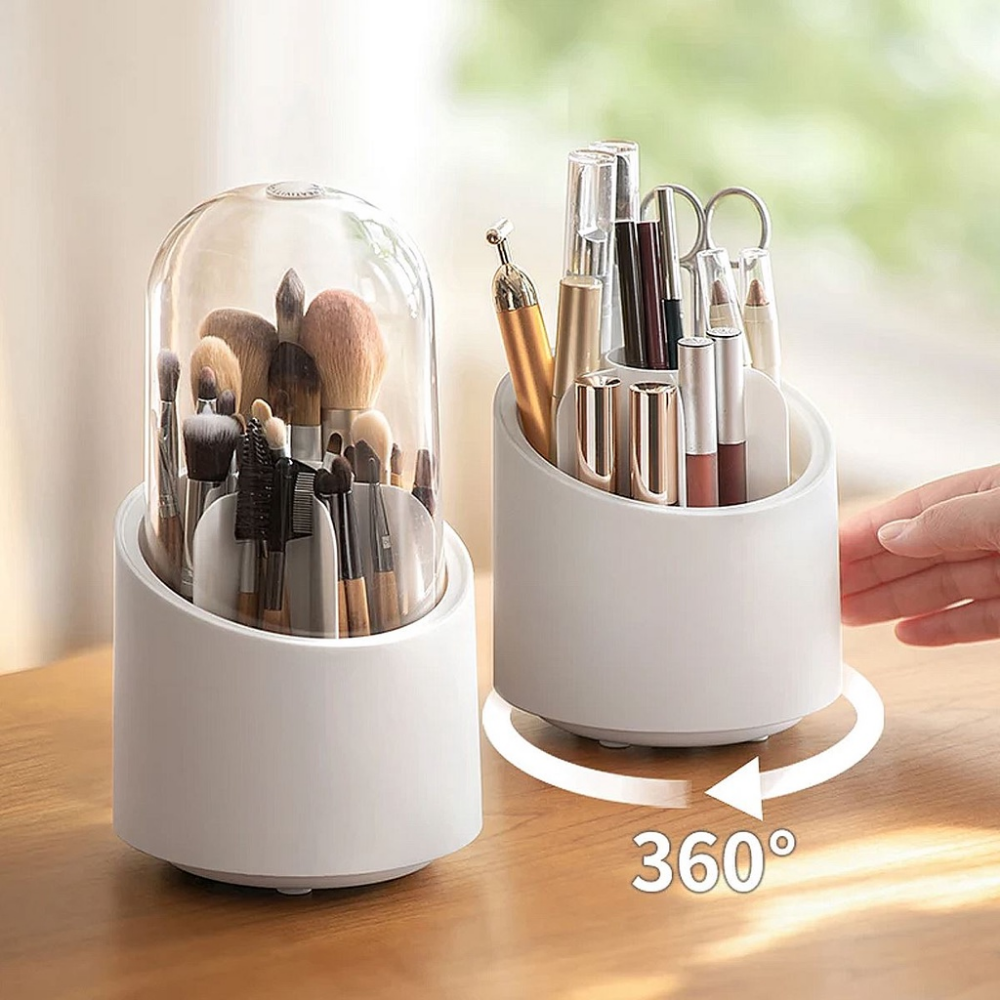 Organizador de maquillaje giratorio 360 grados con base antideslizante, color blanco.