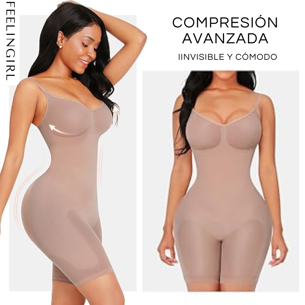Mujer usando el Body FeelinGirl, mostrando resultados visibles en su figura con ropa ajustada.