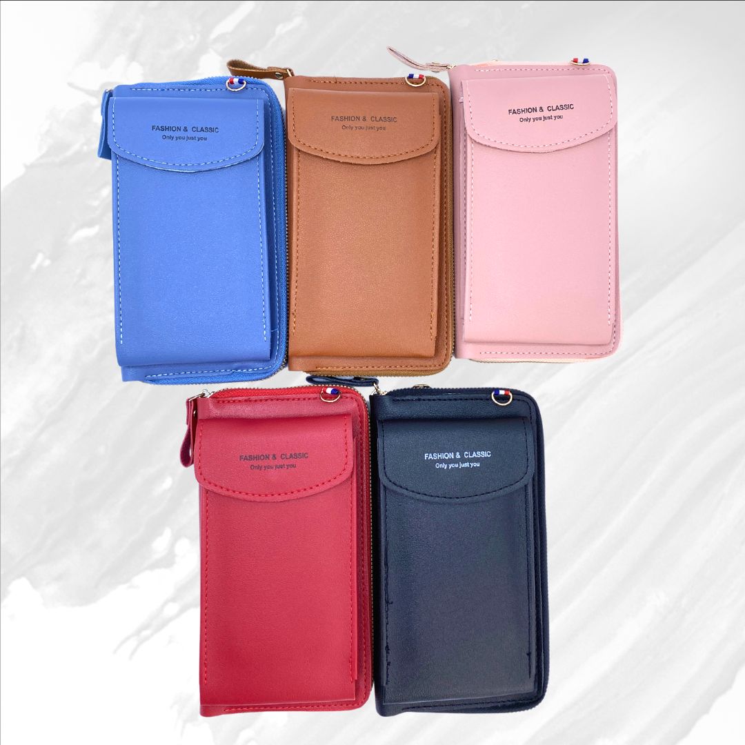 Bolso Lujo Porta Celular Multifunción hecho de cuero sintético, con varios compartimentos y bolsillo antirrobo.