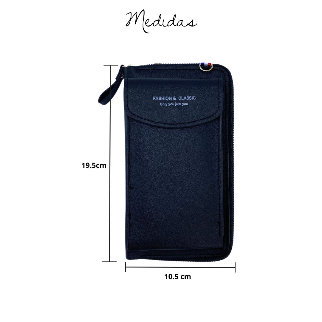 Bolso Lujo Porta Celular Multifunción hecho de cuero sintético, con varios compartimentos y bolsillo antirrobo.
