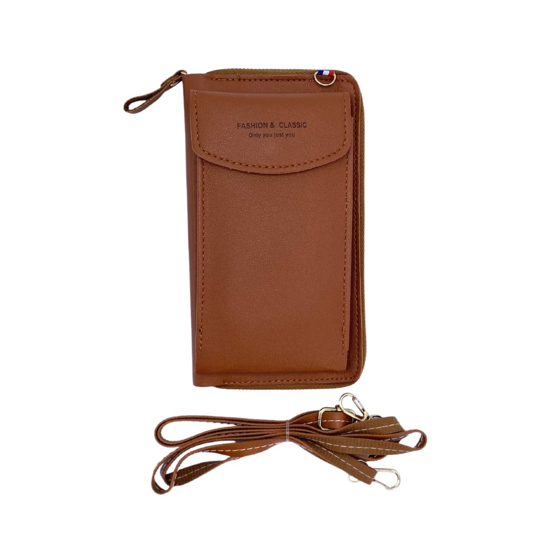 Bolso Lujo Porta Celular Multifunción hecho de cuero sintético, con varios compartimentos y bolsillo antirrobo.