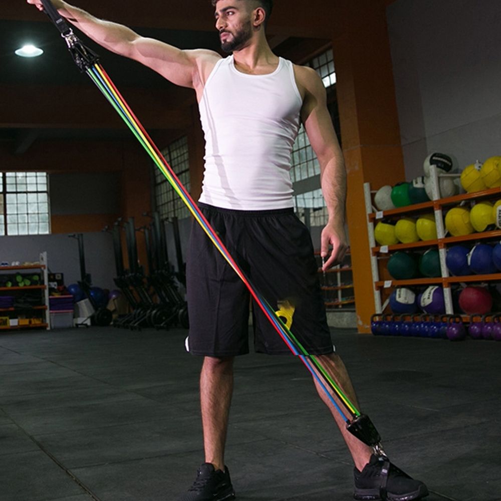 Conjunto de bandas tubulares de resistencia de 11 piezas para un entrenamiento completo en casa. Variedad de resistencias para un entrenamiento de fuerza progresiva. Incluye accesorios para un entrenamiento versátil.