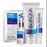 Imagen de una mujer sonriendo con piel clara después de usar el KIT ANTI ACNE BIOAQUA. Incluye Crema Espuma Limpiadora, Sérum Hidratante, Crema Anti Acne y Mascarilla Suavizante para tratamiento eficaz del acné.