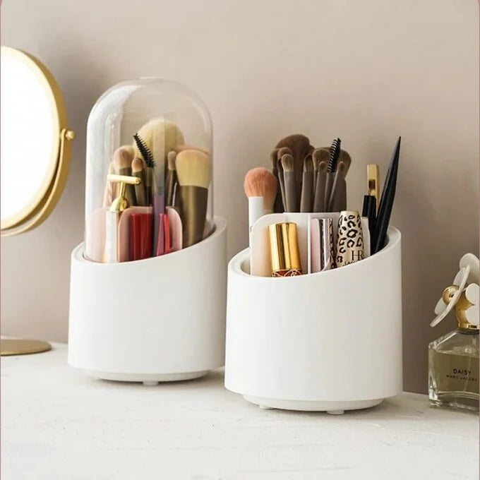 Organizador de maquillaje giratorio 360 grados con base antideslizante, color blanco.