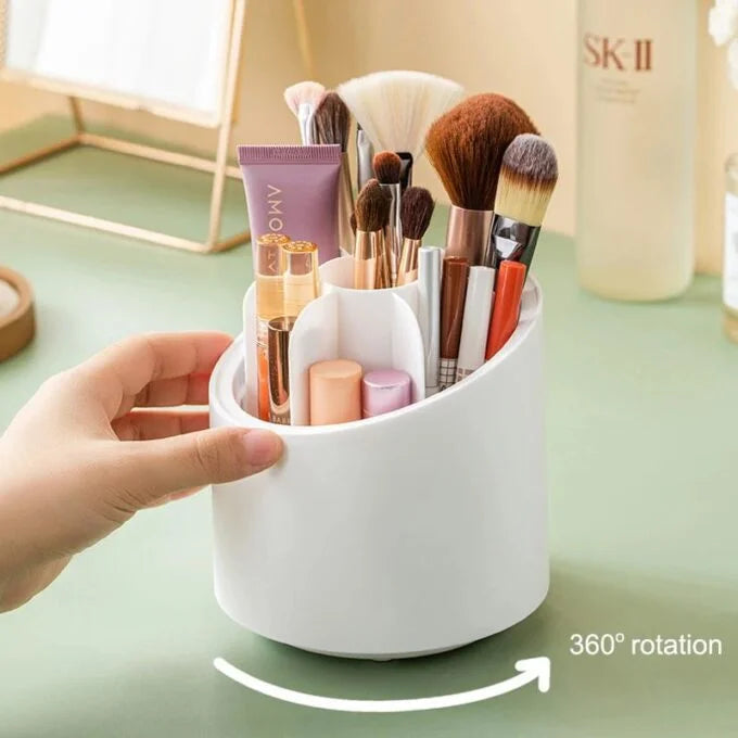 Organizador de maquillaje giratorio 360 grados con base antideslizante, color blanco.